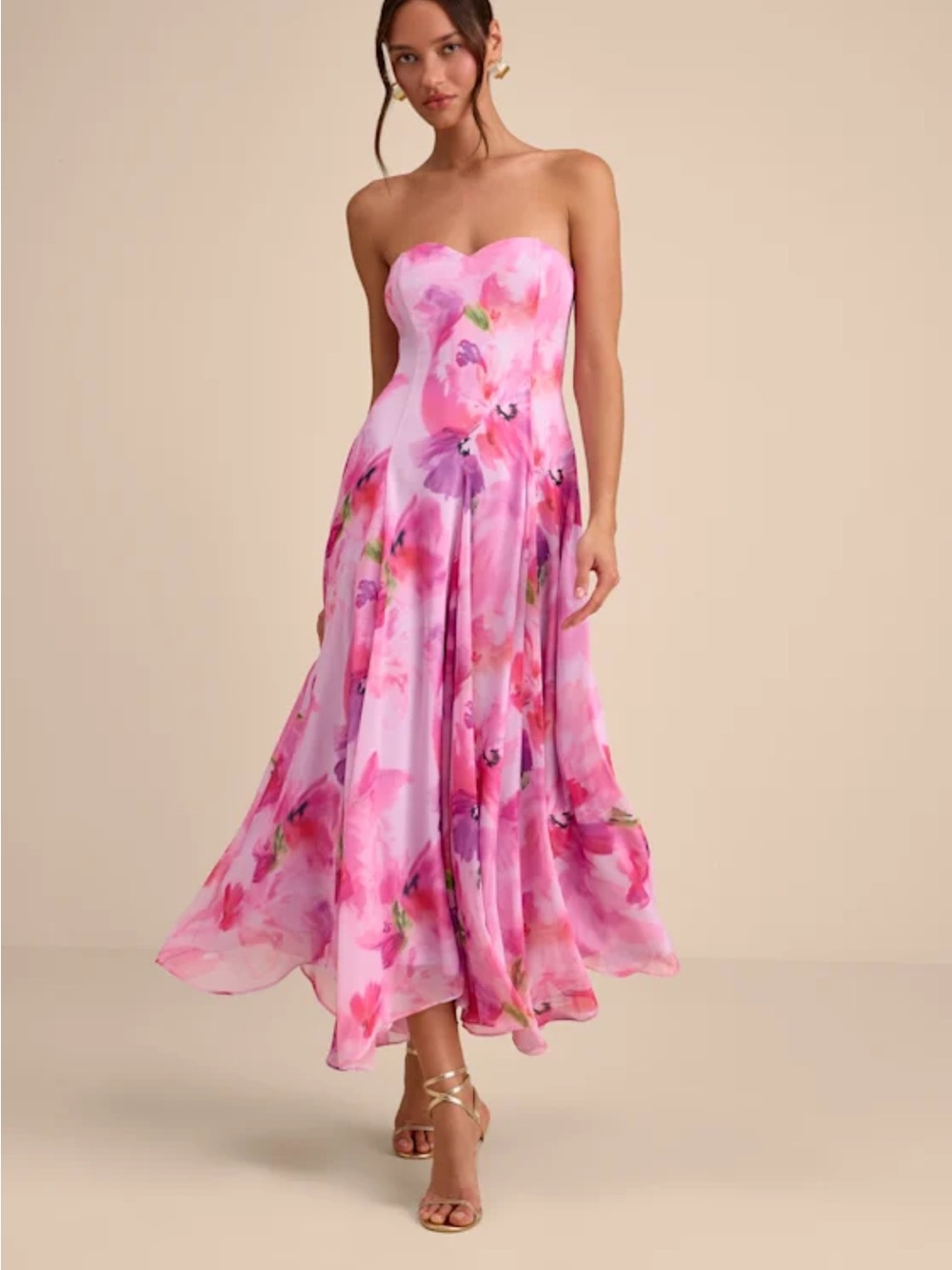 Lulu's Madoria Pink Multi Floral Strapless Midi Dress